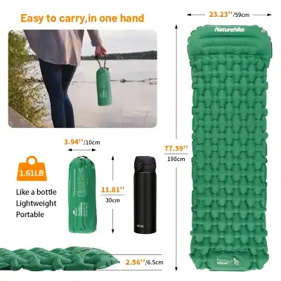Cooling portable inflatable sleeping pad, lightweight camping mattress, compact outdoor gear, self-inflating pad for camping, hiking, travel, and backpacking.