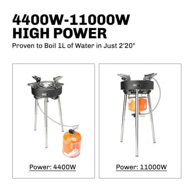 High power portable gas stove with 4400W and 11000W options for efficient cooking, suitable for outdoor use and camping.