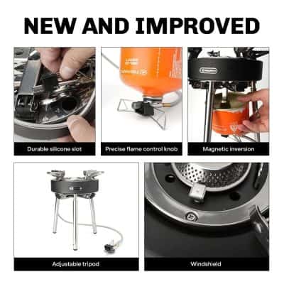 High-quality portable camping stove with silicone slot, flame control knob, magnetic inversion, adjustable tripod, and windshield for efficient outdoor cooking. Perfect for hiking and outdoor adventures.