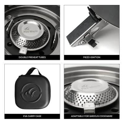 Compact camping stove with double preheat tubes for efficient heat distribution.