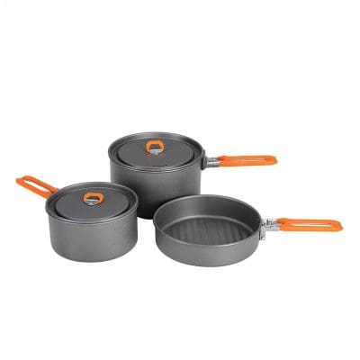 Non-stick cookware set with orange handles, ideal for camping and outdoor cooking, durable aluminum construction with lids, easy to clean and versatile for all your cooking needs.