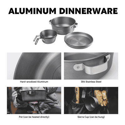 Aluminum dinnerware sets with hard-anodized aluminum and 304 stainless steel, versatile camping cookware including pot and Sierra cup, suitable for outdoor meals and durable kitchen use.