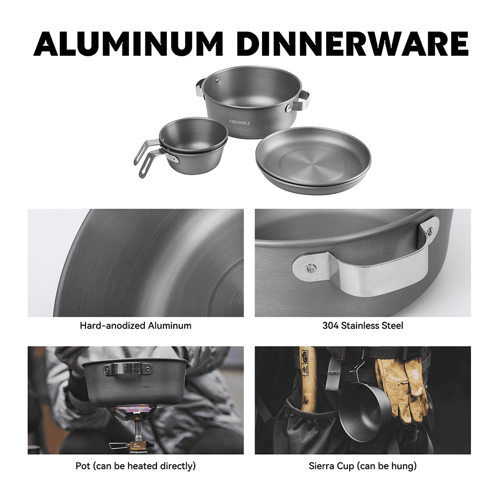 Aluminum dinnerware sets with hard-anodized aluminum and 304 stainless steel, versatile camping cookware including pot and Sierra cup, suitable for outdoor meals and durable kitchen use.