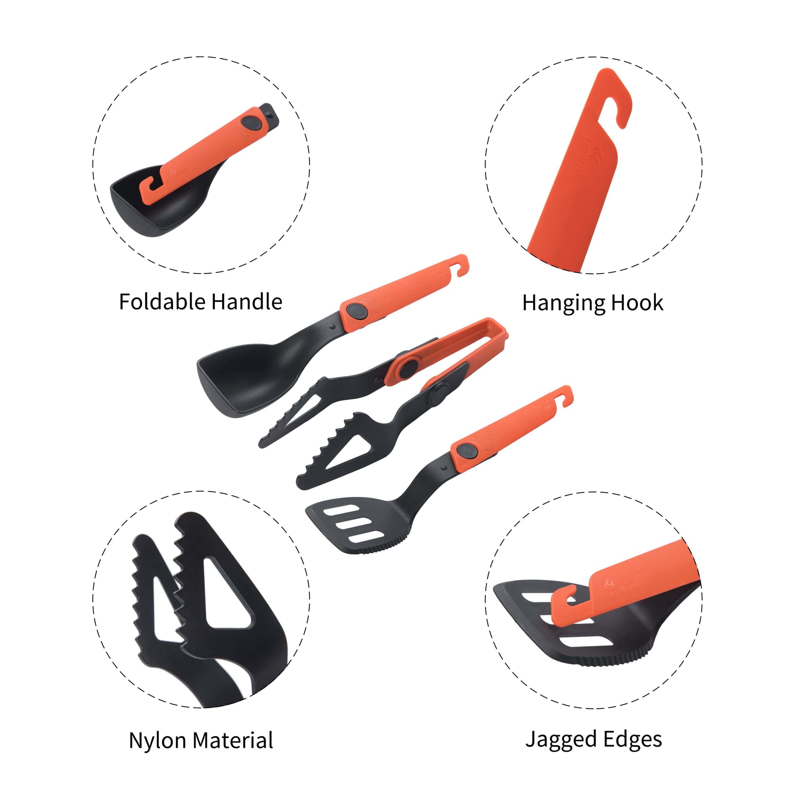 Ergonomic outdoor gardening tools set with foldable handle, hanging hook, nylon material, jagged edges, durable black and orange design for versatile garden use.