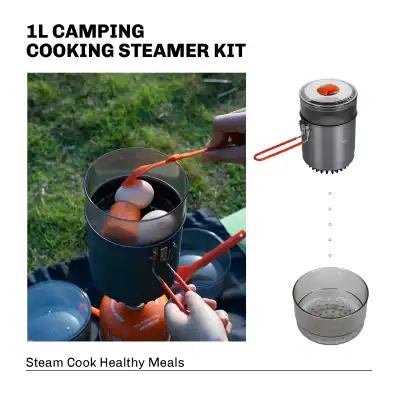 Mini portable camping stove with steam cooker for healthy outdoor meals, compact and lightweight stainless steel design, perfect for hiking, picnics, and backpacking adventures.