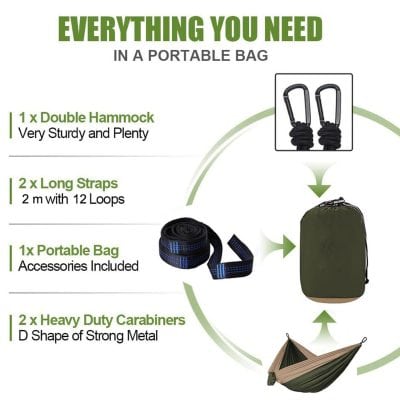Double hammock with sturdy straps and portable bag, perfect for outdoor relaxation and travel. Includes heavy-duty carabiners, long straps, and accessories for easy setup.