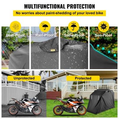 Waterproof motorcycle cover protecting bikes from dust, rain, snow, and UV rays with multifunctional outdoor protection. Durable, high-quality, and weather-resistant for optimal vehicle safeguarding.