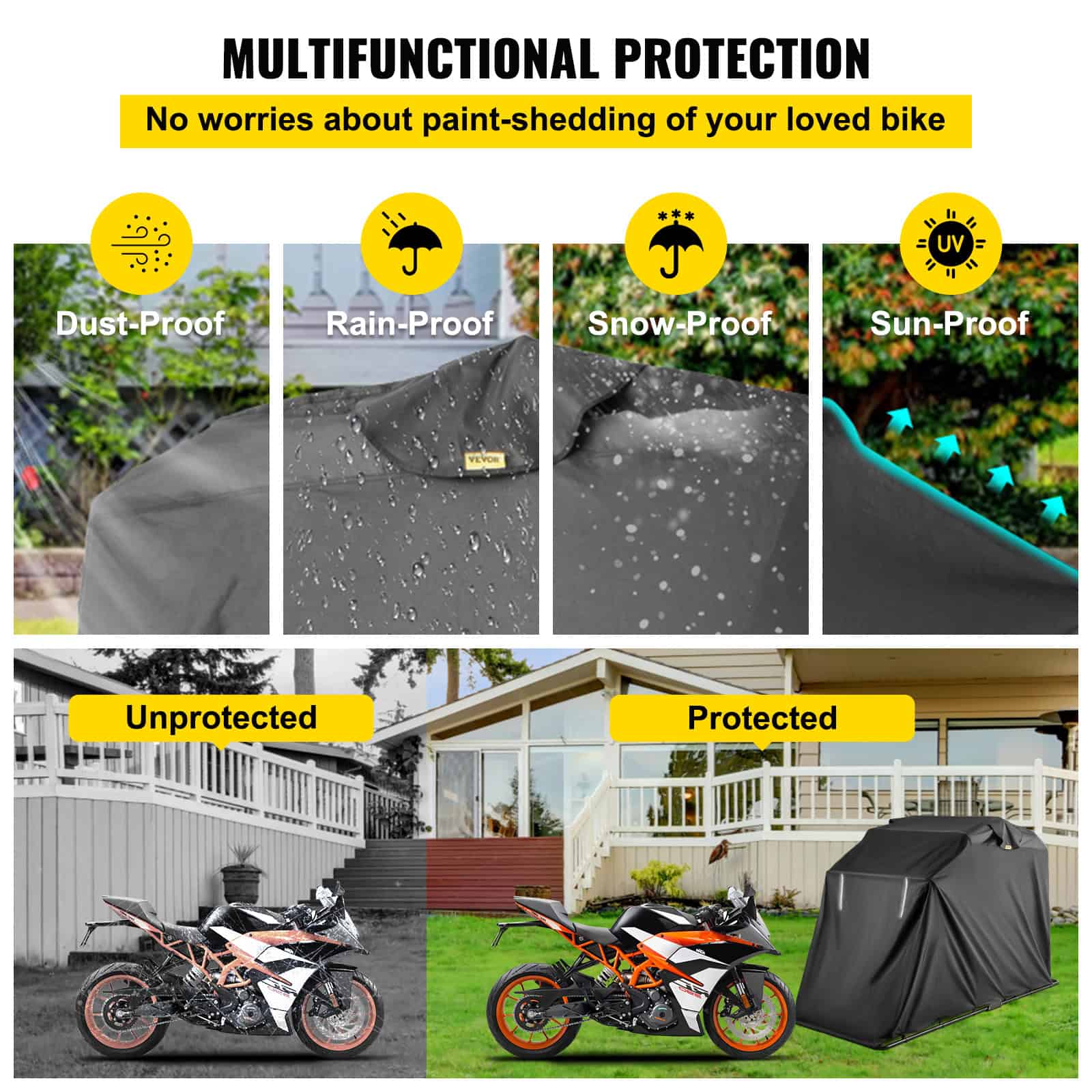 Waterproof motorcycle cover protecting bikes from dust, rain, snow, and UV rays with multifunctional outdoor protection. Durable, high-quality, and weather-resistant for optimal vehicle safeguarding.