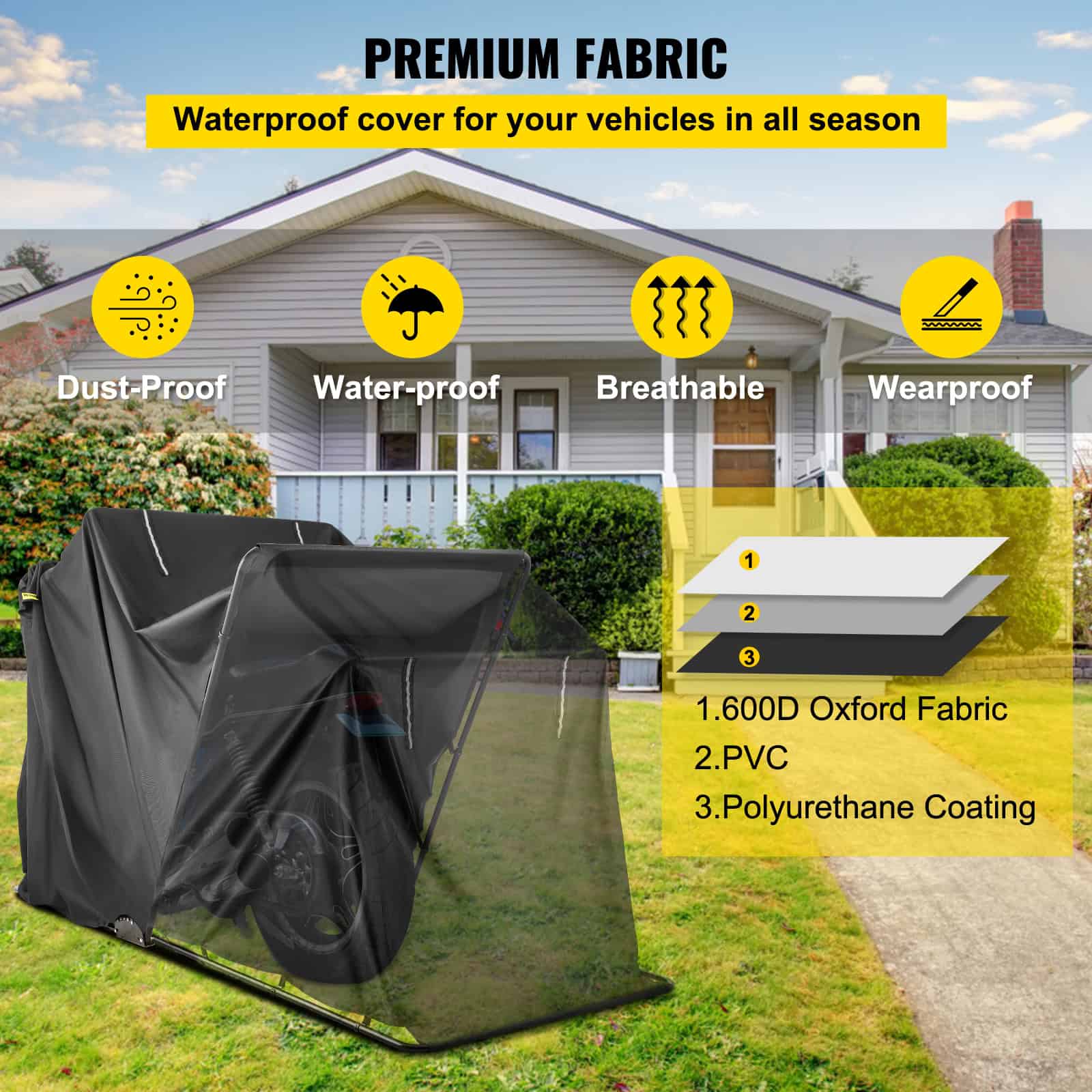Waterproof vehicle cover made with 1600D Oxford fabric, PVC, and polyurethane coating, providing dust-proof, water-proof, breathable, and wearproof protection for cars in all seasons.