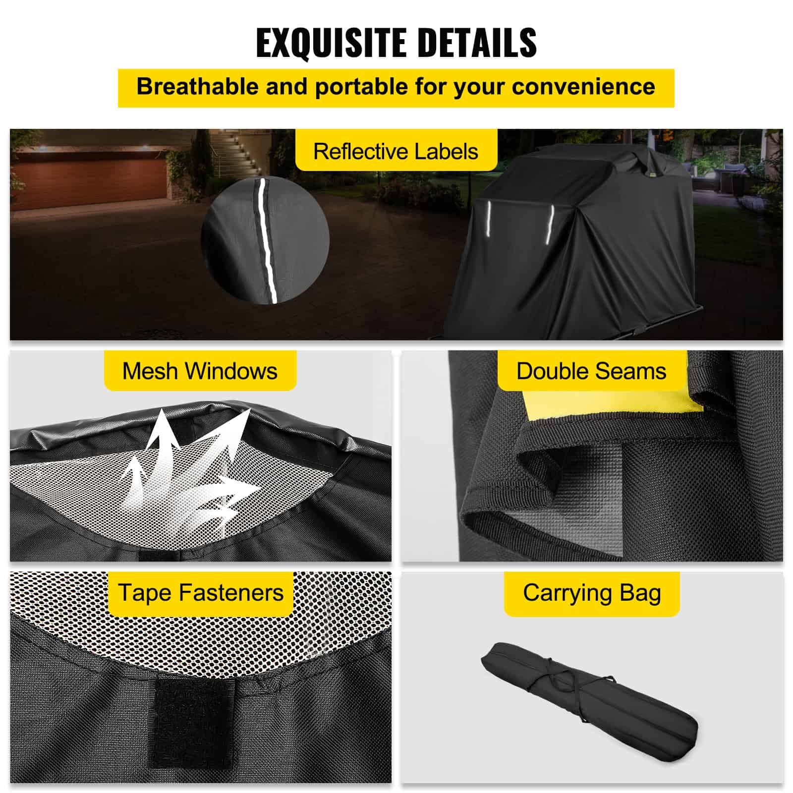 Reflective labels and mesh windows on a portable, waterproof outdoor cover with double seams, tape fasteners, and a carrying bag, ideal for protecting vehicles at Monalisa Store.