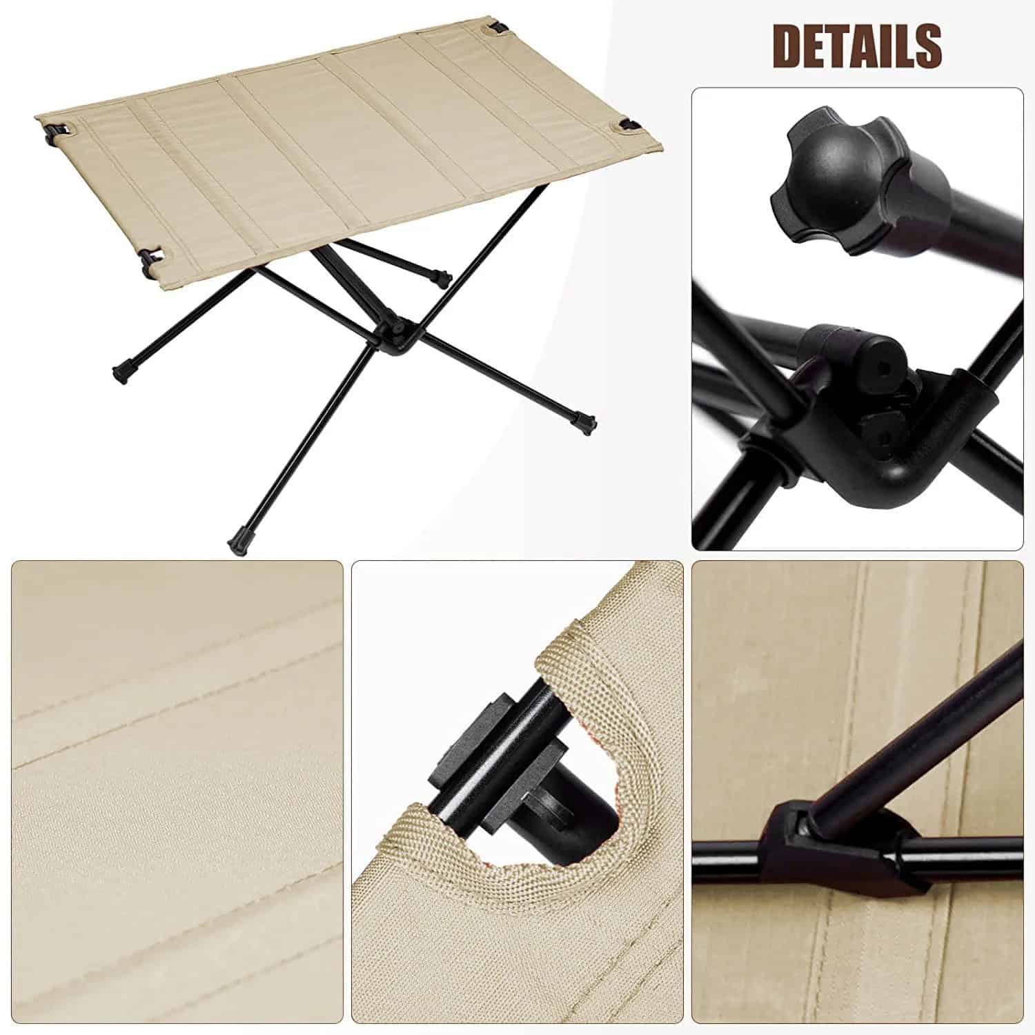 Portable folding camping table with beige fabric surface and black aluminum legs for outdoor use.