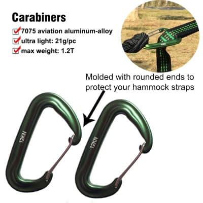 Carabiners for hammocks, climbing, outdoor gear, lightweight aluminum alloy, max weight 1.2T, shiny green finish, molded rounded ends, high durability, essential hammock accessories from Monalisa Store.