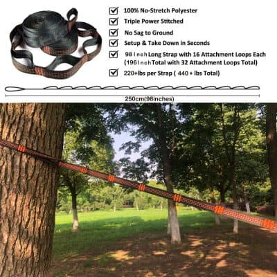 Polyester tree climbing strap, 250cm, lightweight and durable for outdoor safety, with multiple attachment loops for secure tree work and recreation. Ideal for tree climbing, arborist work, and outdoor activities.