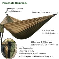 Waterproof travel hammock with durable nylon fabric, lightweight aluminum wiregate carabiners, reinforced triple stitching, and easy compression straps, perfect for outdoor camping and backpacking adventures.