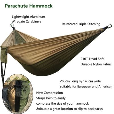 Waterproof travel hammock with durable nylon fabric, lightweight aluminum wiregate carabiners, reinforced triple stitching, and easy compression straps, perfect for outdoor camping and backpacking adventures.