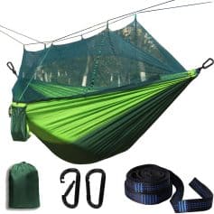 Lightweight camping hammock with mosquito net, steel carabiners, durable straps, and carrying bag for outdoor adventures and relaxation.