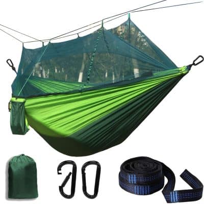 Lightweight camping hammock with mosquito net, steel carabiners, durable straps, and carrying bag for outdoor adventures and relaxation.