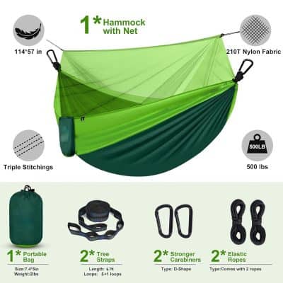 Hammock with net, camping gear, and camping supplies, lightweight and portable for outdoor adventures, with sturdy carabiners, elastic ropes, and tree straps for comfort and safety.
