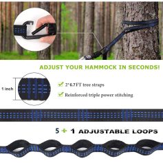 Durable hammock strap with adjustable loops, suitable for outdoor camping and tree climbing, featuring reinforced triple stitching and 6.7 ft long tree straps for secure hanging.