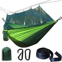 Lightweight portable hammock with mosquito net and accessories for outdoor camping and relaxation. Perfect for hiking, backpacking, and outdoor adventures. Includes carrying bag, carabiners, and straps.