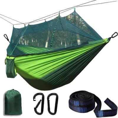 Lightweight portable hammock with mosquito net and accessories for outdoor camping and relaxation. Perfect for hiking, backpacking, and outdoor adventures. Includes carrying bag, carabiners, and straps.