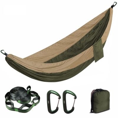 Lightweight camping hammock with tree straps, carabiners, and carrying bag, perfect for outdoor leisure, camping, hiking, backpacking, and travel, providing comfortable rest in nature.