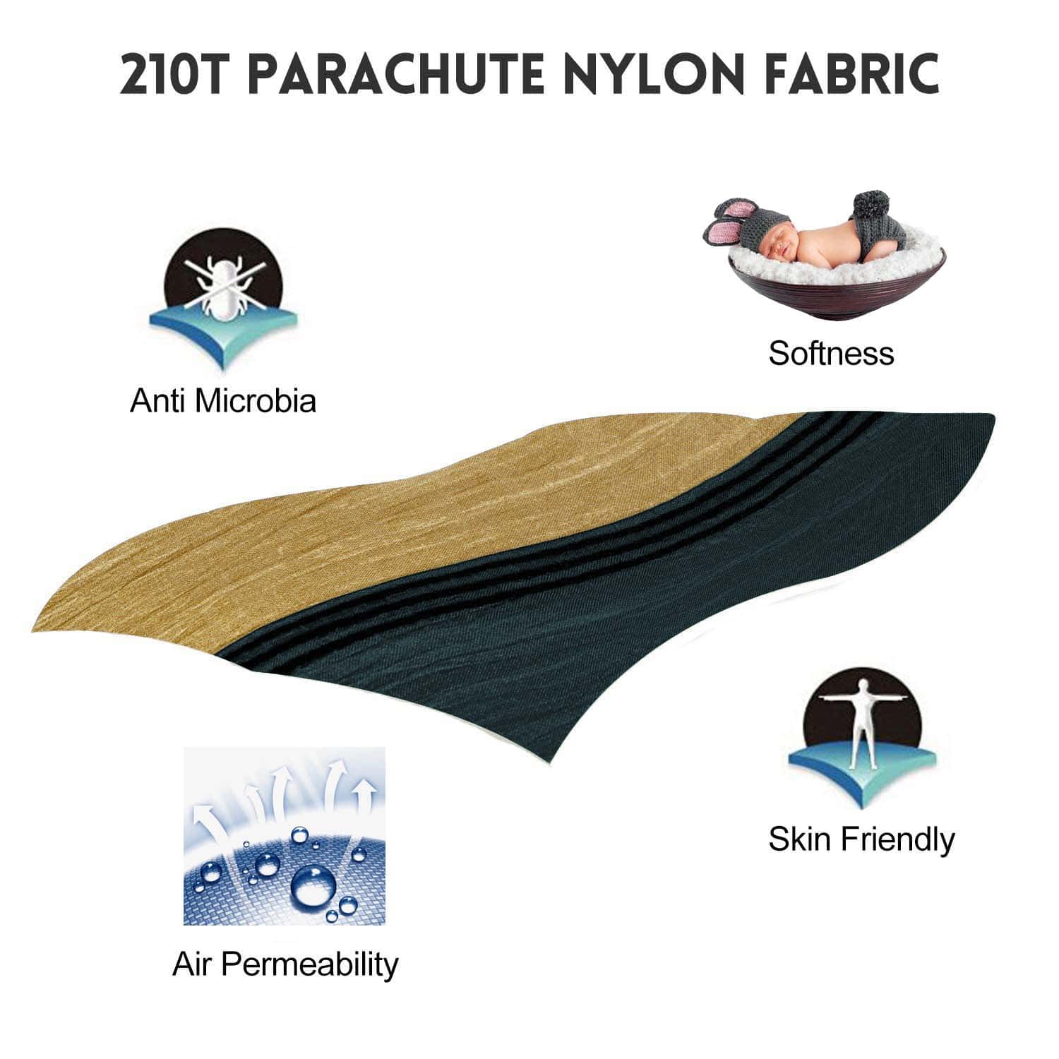 Soft, breathable parachute nylon fabric ideal for comfortable and skin-friendly clothing or accessories. Features anti-microbia, air permeability, and enhanced softness, perfect for sensitive skin.