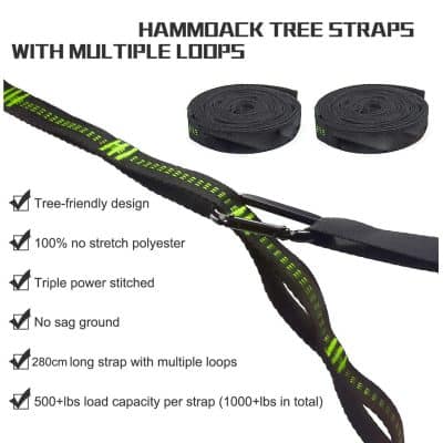 Durable hammock tree straps with multiple loops for secure outdoor use, made of no-stretch polyester, eco-friendly design, and high load capacity for camping or tree safety.