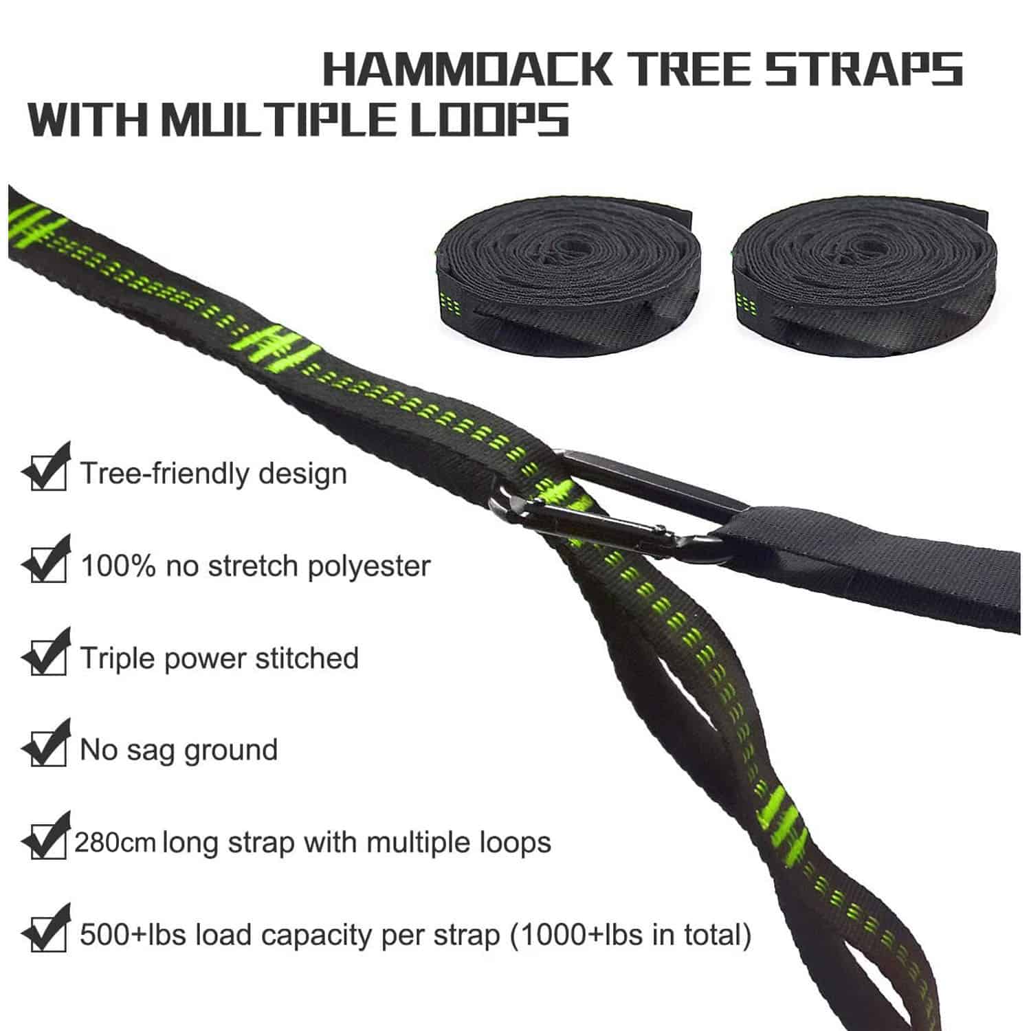 Durable hammock tree straps with multiple loops for secure outdoor use, made of no-stretch polyester, eco-friendly design, and high load capacity for camping or tree safety.