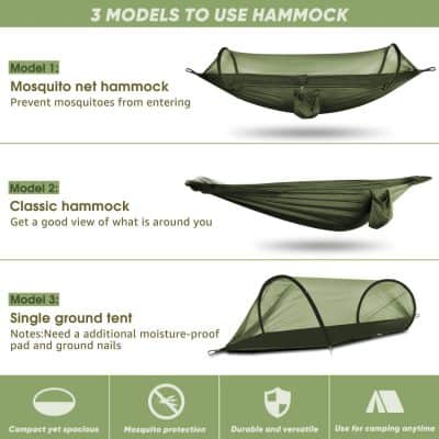 Mosquito net hammock for outdoor camping, providing mosquito protection and versatile use, available in classic and single ground tent models, ideal for staying comfortable and secure outdoors.