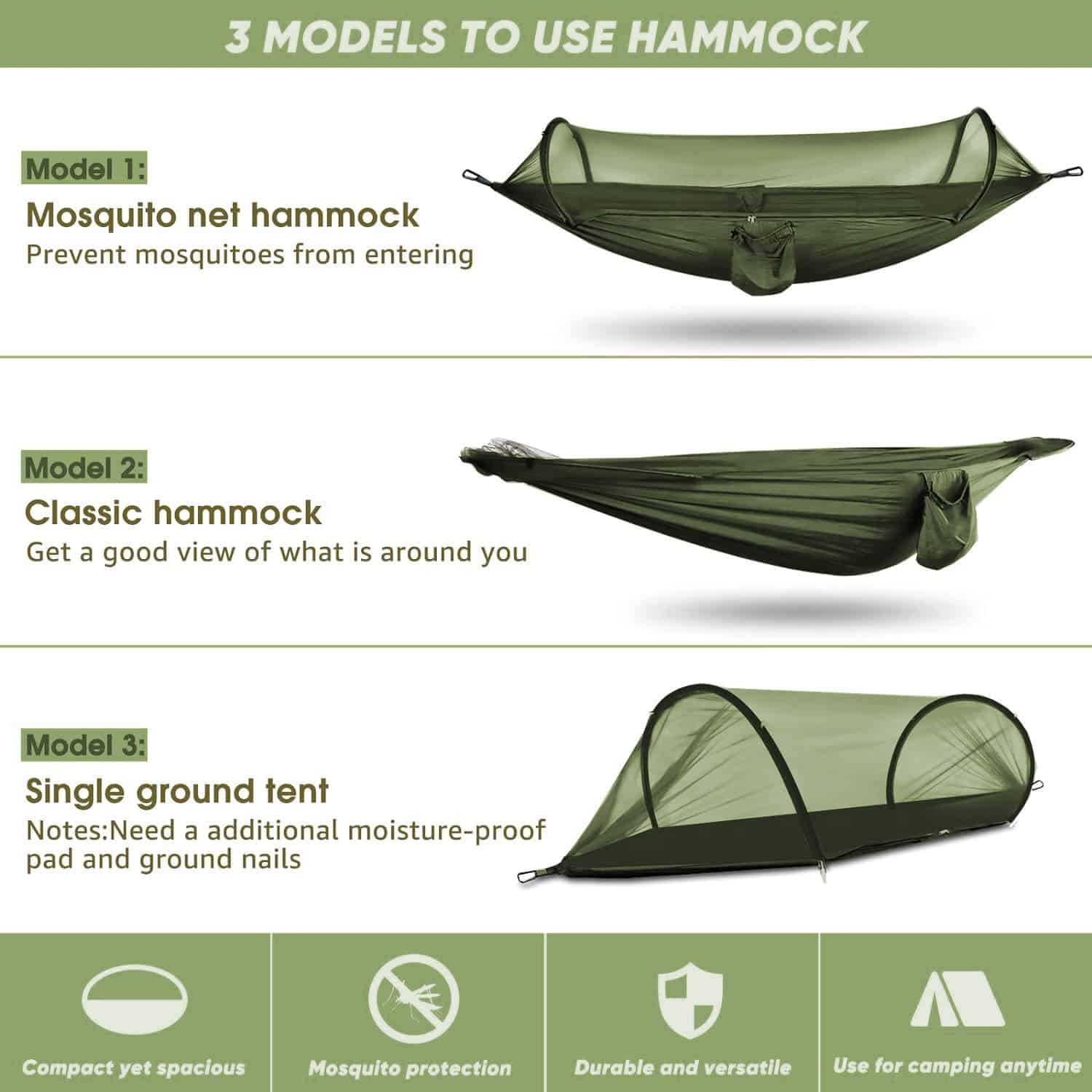 Mosquito net hammock for outdoor camping, providing mosquito protection and versatile use, available in classic and single ground tent models, ideal for staying comfortable and secure outdoors.