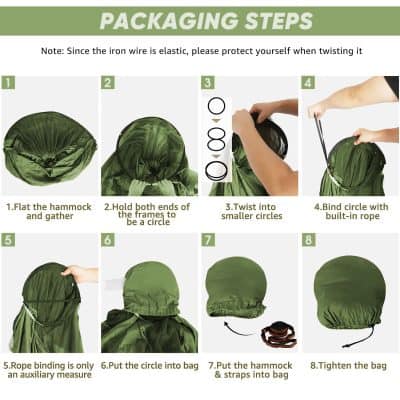 Flexible green hammock with instructions for packing steps for travel and storage.