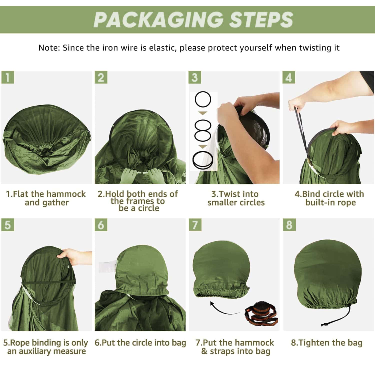 Flexible green hammock with instructions for packing steps for travel and storage.
