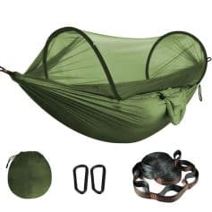 Lightweight camping hammock with mosquito net for outdoor relaxation and travel, includes carrying bag, carabiners, and straps for easy setup and portability. Perfect for camping, hiking, and outdoor adventures.