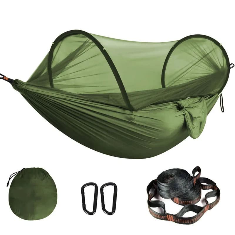 Lightweight camping hammock with mosquito net for outdoor relaxation and travel, includes carrying bag, carabiners, and straps for easy setup and portability. Perfect for camping, hiking, and outdoor adventures.