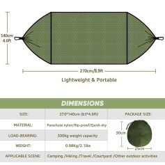 Sun-protection outdoor camping hammock with lightweight, portable nylon parachute fabric, quick-dry, rip-proof, suitable for hiking, travel, and outdoor activities.