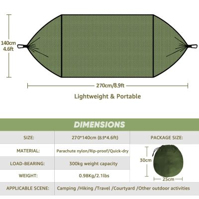 Sun-protection outdoor camping hammock with lightweight, portable nylon parachute fabric, quick-dry, rip-proof, suitable for hiking, travel, and outdoor activities.