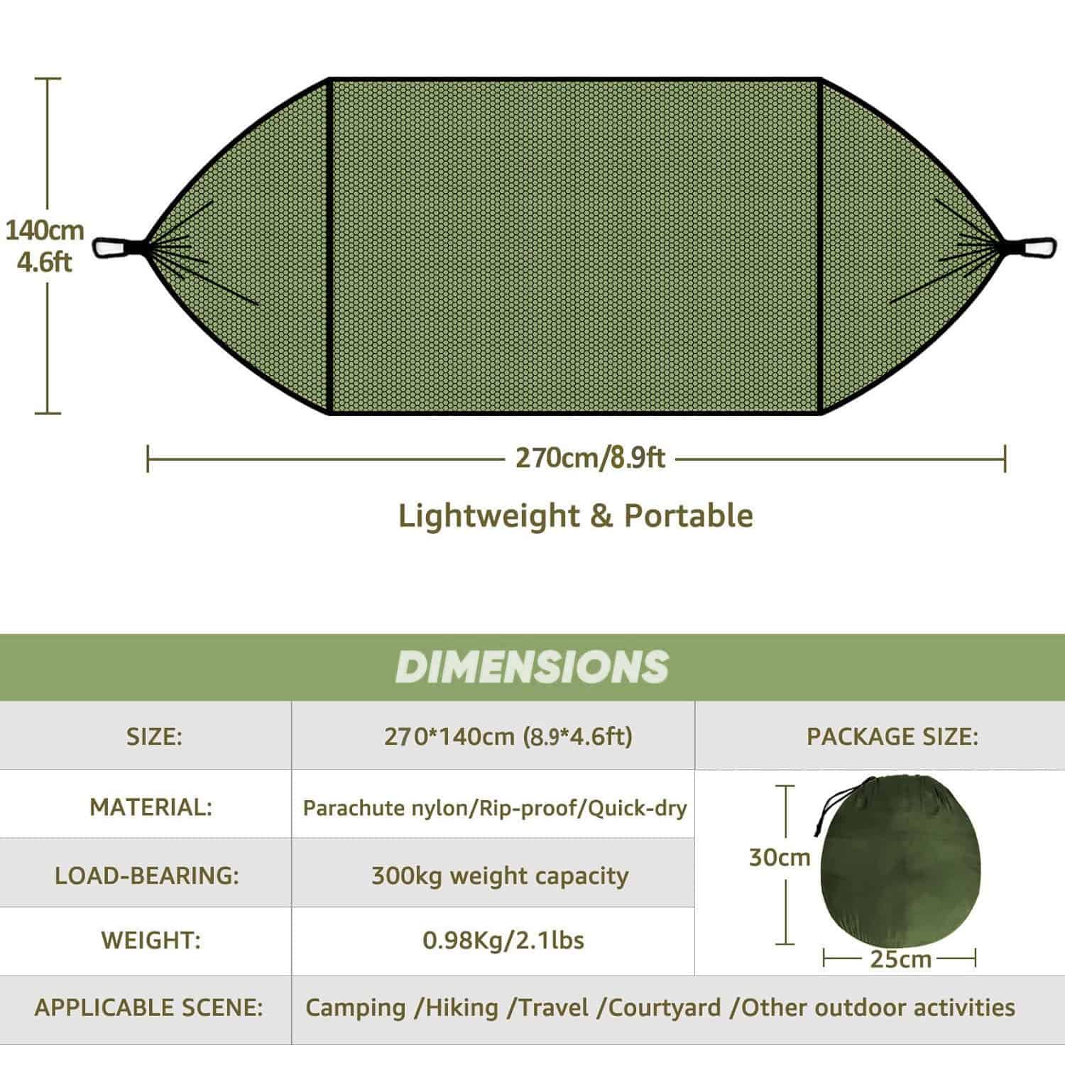 Sun-protection outdoor camping hammock with lightweight, portable nylon parachute fabric, quick-dry, rip-proof, suitable for hiking, travel, and outdoor activities.