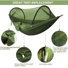 GREAT TENT REPLACEMENT for camping, including mesh with 2100 holes per square inch, heavy-duty full-length zipper, storage bag on hammock, and arch pole system for durability. Perfect for outdoor enthusiasts.