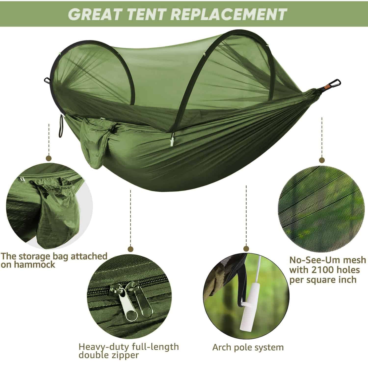 GREAT TENT REPLACEMENT for camping, including mesh with 2100 holes per square inch, heavy-duty full-length zipper, storage bag on hammock, and arch pole system for durability. Perfect for outdoor enthusiasts.