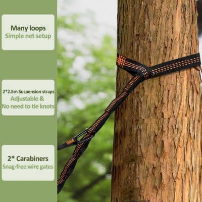 Black and orange tree strap with adjustable suspension straps and carabiners for outdoor safety, secure wire gates, easy setup for tree protection and support.