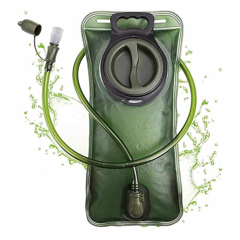 Flexible hydration bladder with a drinking tube, green water reservoir for medical or outdoor use, suitable for hydration during physical activities or emergency preparedness.
