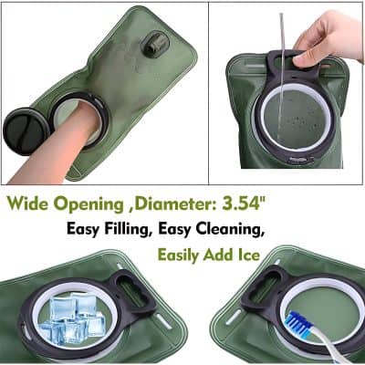 Wide opening water container with 3.54-inch diameter for easy filling and cleaning, features for adding ice, ideal for medical, hydration, and outdoor use.
