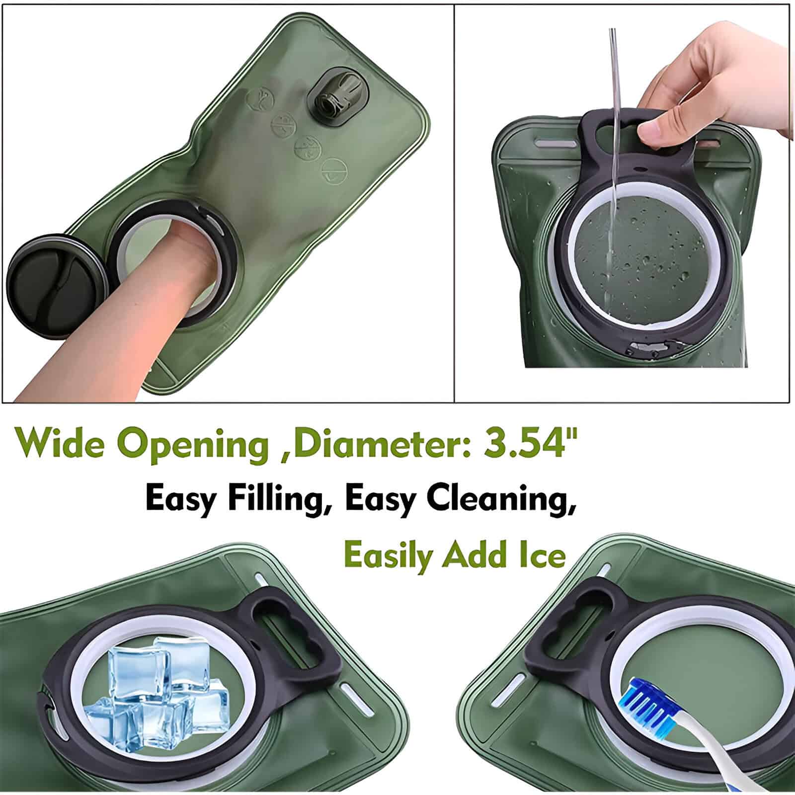 Wide opening water container with 3.54-inch diameter for easy filling and cleaning, features for adding ice, ideal for medical, hydration, and outdoor use.