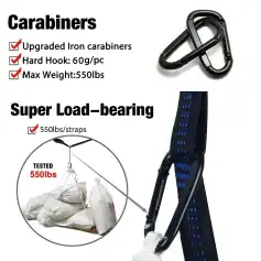 Heavy-duty iron carabiners for climbing and outdoor gear, with 550 lbs maximum weight capacity, designed for safety and durability.