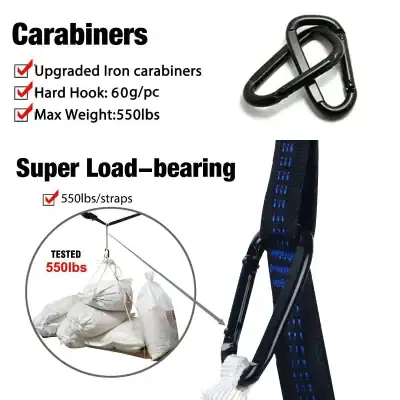 Heavy-duty iron carabiners for climbing and outdoor gear, with 550 lbs maximum weight capacity, designed for safety and durability.