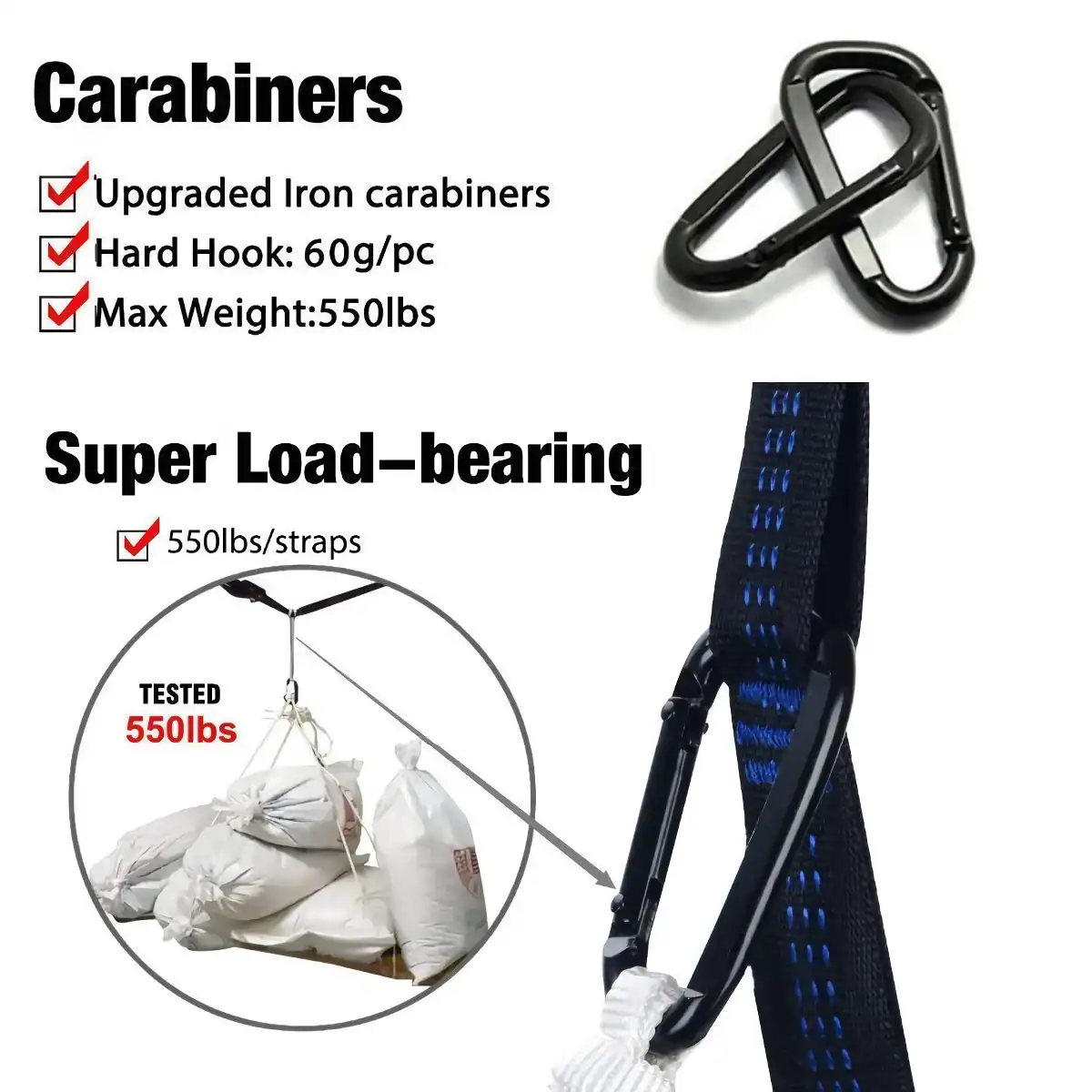 Heavy-duty iron carabiners for climbing and outdoor gear, with 550 lbs maximum weight capacity, designed for safety and durability.