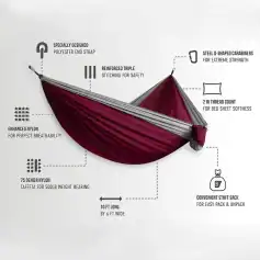 Polyester end strap hammock with reinforced stitching, steel D-shaped carabiners, 210 thread count for bed sheet softness, enhanced nylon breathability, 75 denier nylon weight bearing, 10 ft long by 6 ft wide, includes a convenient stuff sack for easy packing.