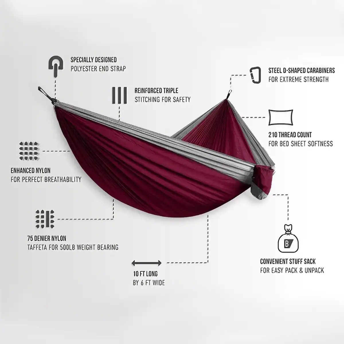 Polyester end strap hammock with reinforced stitching, steel D-shaped carabiners, 210 thread count for bed sheet softness, enhanced nylon breathability, 75 denier nylon weight bearing, 10 ft long by 6 ft wide, includes a convenient stuff sack for easy packing.