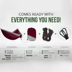 Sturdy double hammock, gear bag, tactical ropes, and heavy-duty carabiners designed for outdoor activities, relaxation, and travel with premium nylon taffeta materials and reliable load capacity.